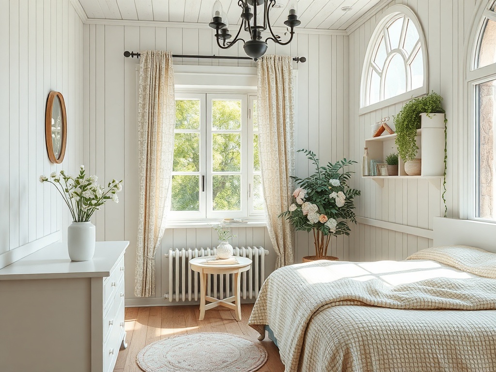 Светлая комната с окном, цветами, современной мебелью и уютной атмосферой.