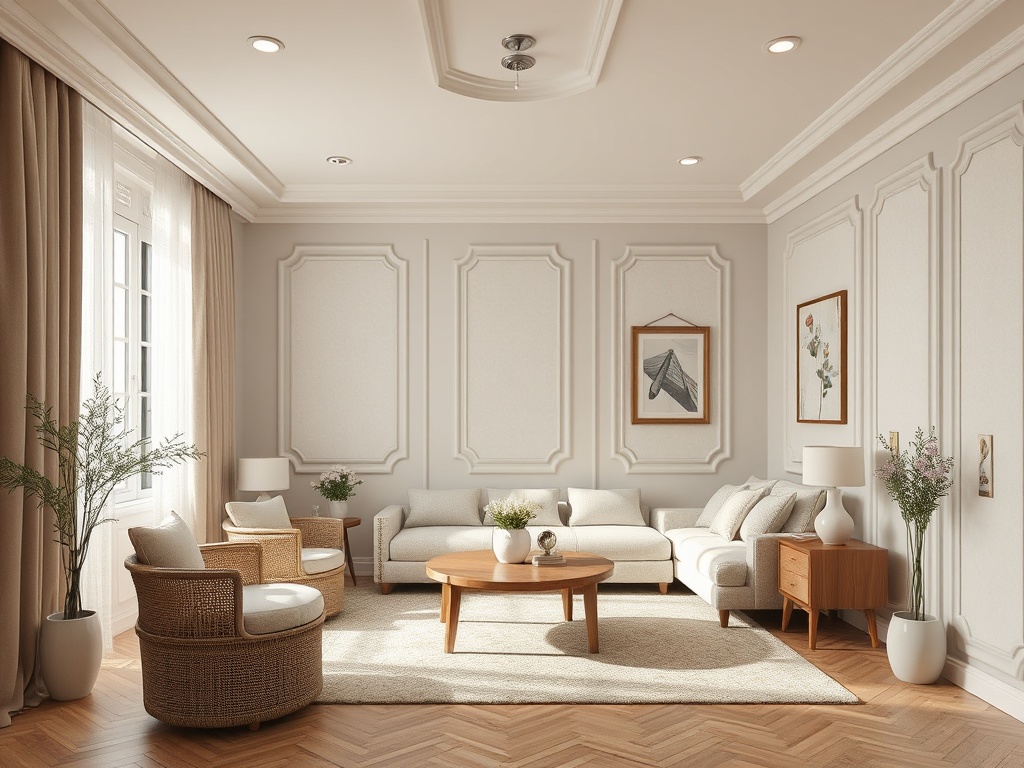 Светлая гостиная с мягкой мебелью, круглый стол и декор в виде картин и растений. Тёплая и уютная атмосфера.