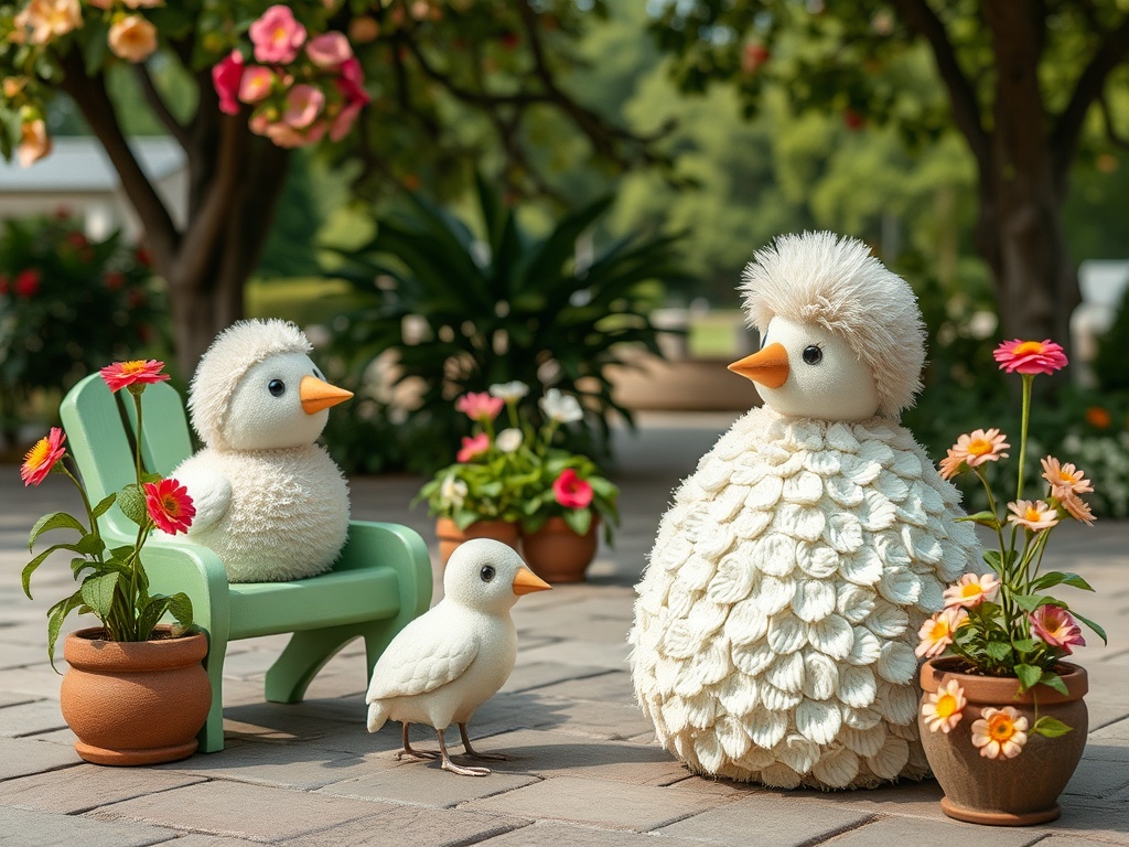 На картинке веселые резиновые утята на солнце, окруженные цветами и зелеными растениями.