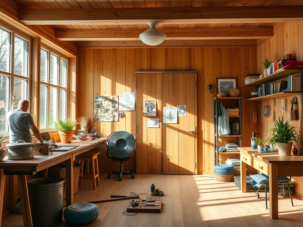 Светлый деревянный кабинет с письменным столом, растениями и человеком, работающим у окна.