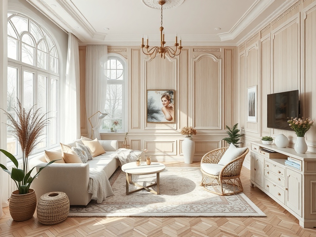 Светлая гостиная с уютным диваном, журнальным столиком и картинами на стенах. Большие окна и растения.