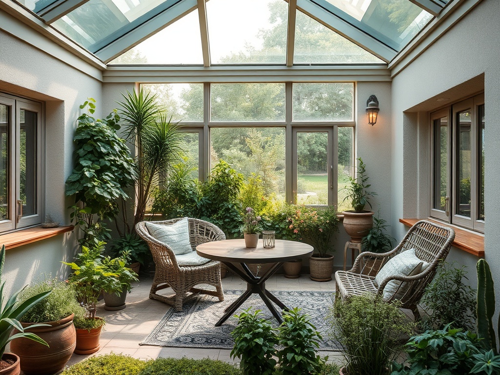 Светлая зимняя веранда с уютной мебелью и зелеными растениями, создающая атмосферу уюта и спокойствия.