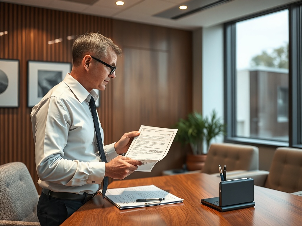 Мужчина в сорочке и галстуке читает документы в современном офисе с большими окнами и деревянными стенами.
