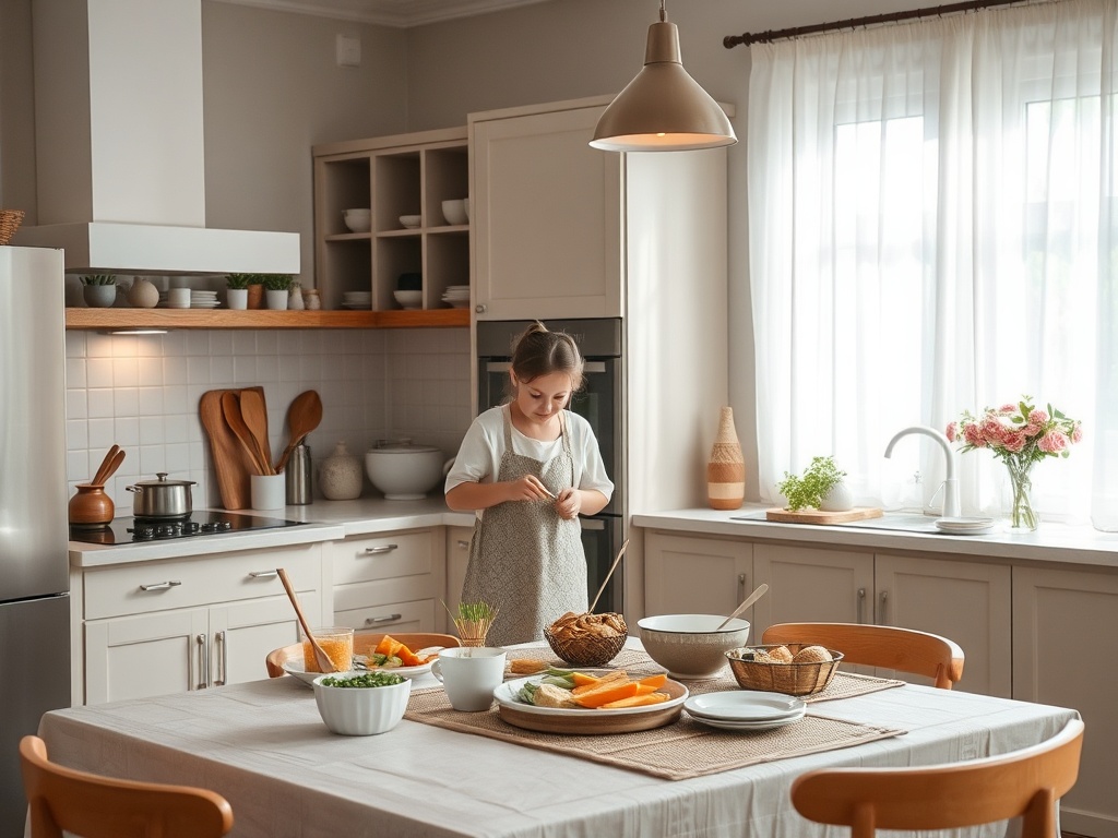Девочка готовит на кухне. На столе стоят овощи, фрукты и посуда. Светлое, уютное пространство.