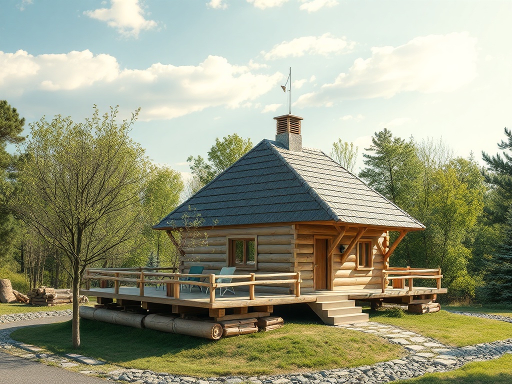 Деревянный дом с двускатной крышей и верандой, окруженный зеленью и деревьями. Спокойная и уютная атмосфера.