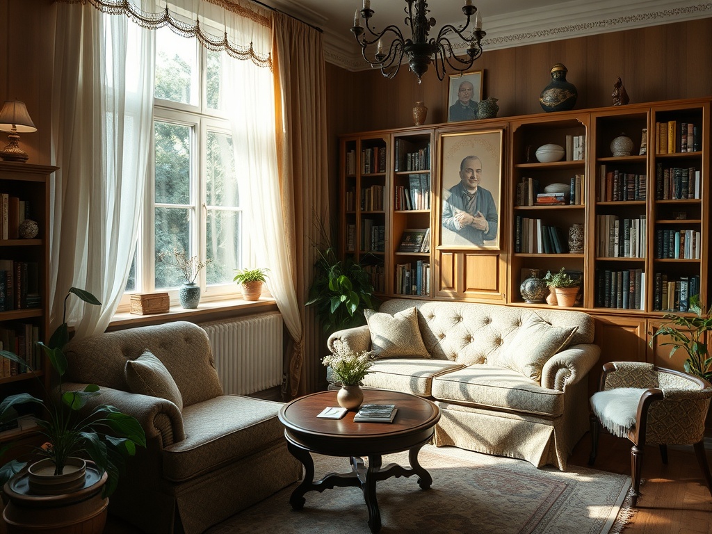 Уютная комната с диваном, книжными полками и большим окном, наполненная мягким светом.