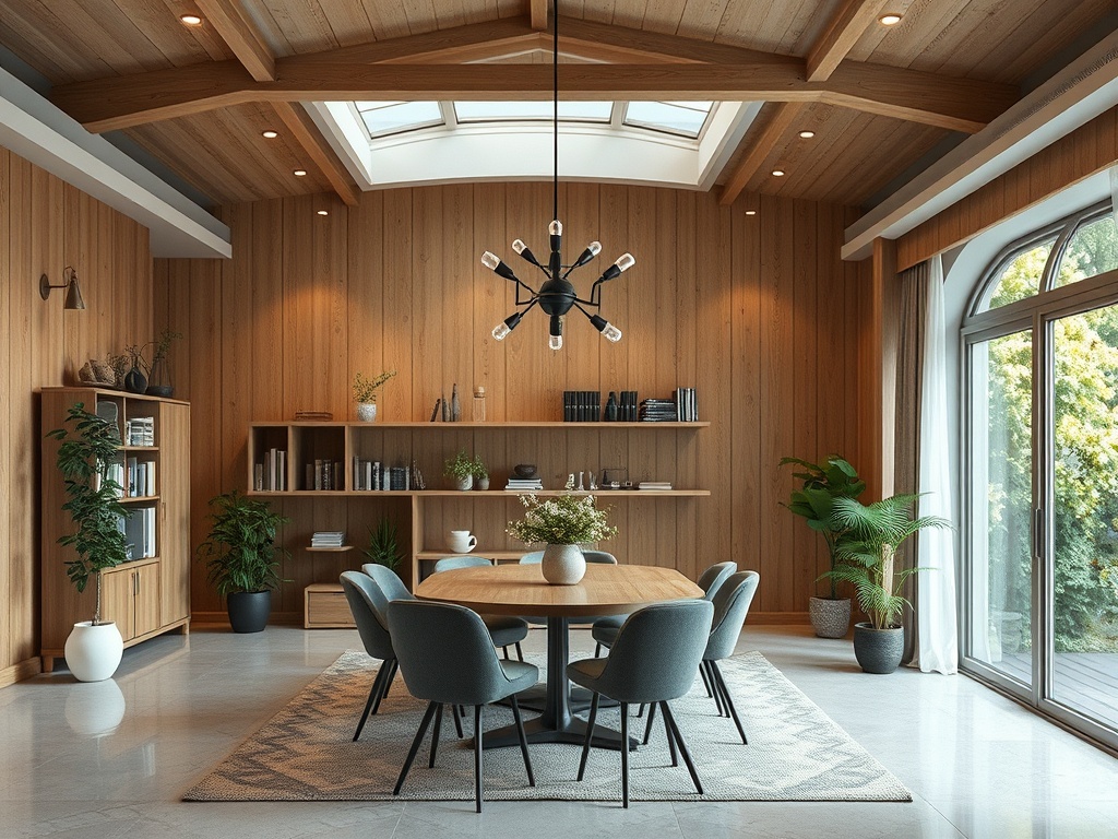 Современный интерьер столовой с деревяной отделкой и круглым столом, окружённым стульями. Большие окна и растения.