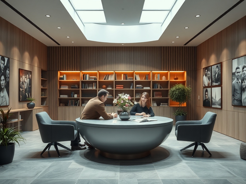 Два человека обсуждают что-то за круглым столом в современном офисе с книжными полками и растениями.