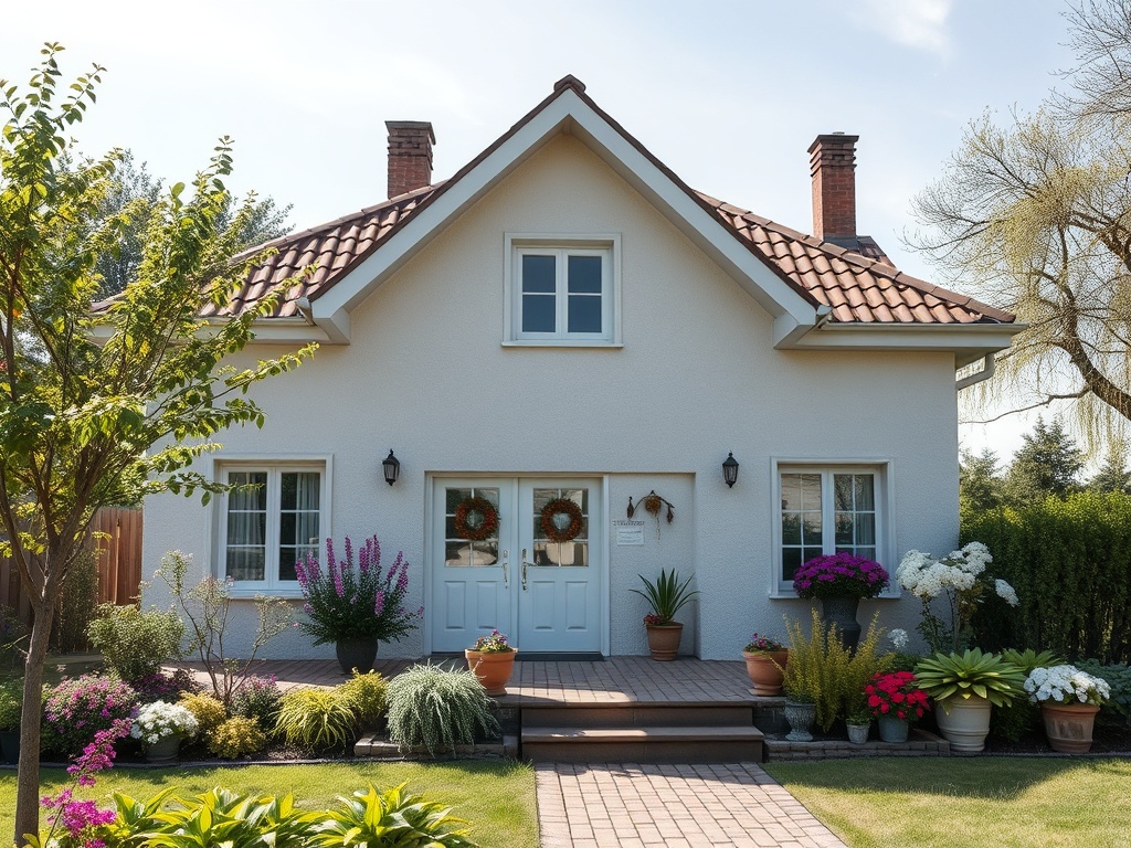 Прекрасный загородный дом с цветущим садом и ухоженной террасой. Яркие растения вокруг создают уютную атмосферу.