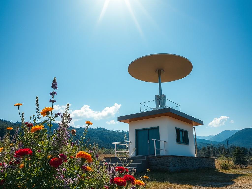 На переднем плане цветы, на фоне - небольшое здание с куполообразной крышей под ярким солнечным небом.