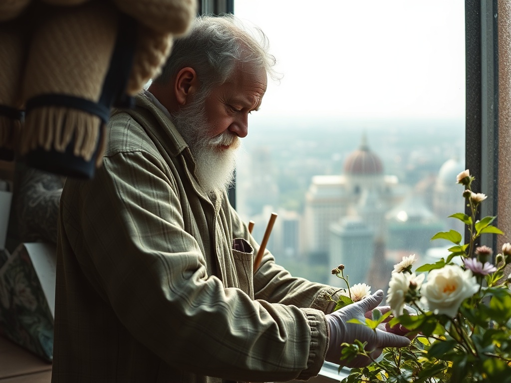 Старший мужчина ухаживает за цветами у окна с видом на город, в его руках видно растение с цветами.