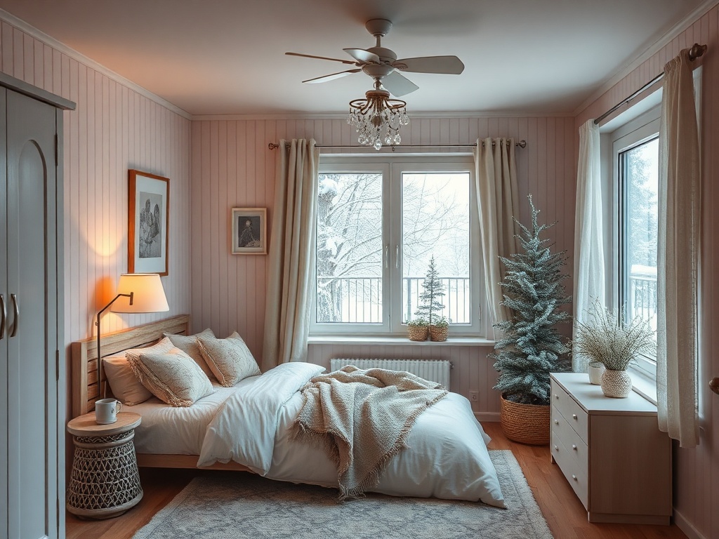 Уютная спальня с мягкой мебелью, снежинками за окном и зелеными растениями в светлых тонах.