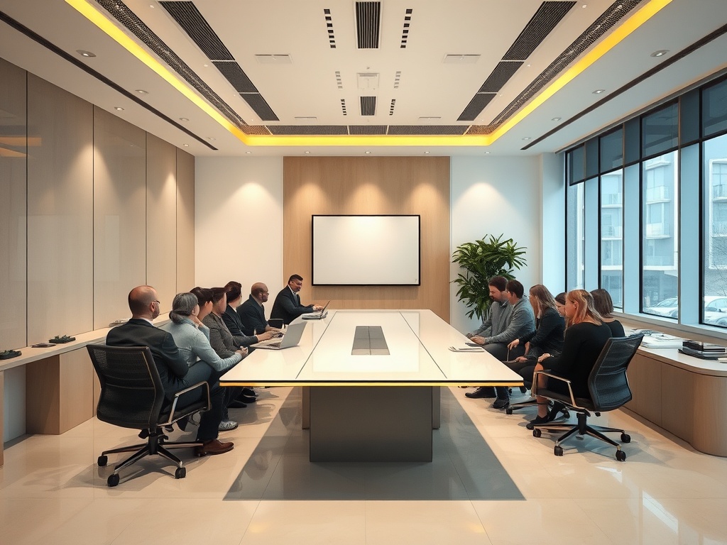 Совещание в современном конференц-зале, участники обсуждают проект, в центре длинный стол и экран.