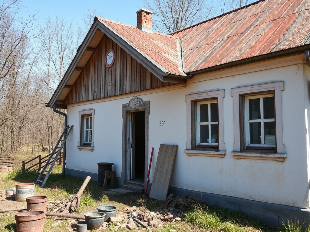 Старый дом с красной крышей и белыми стенами, окружённый голыми деревьями и зелёной травой.