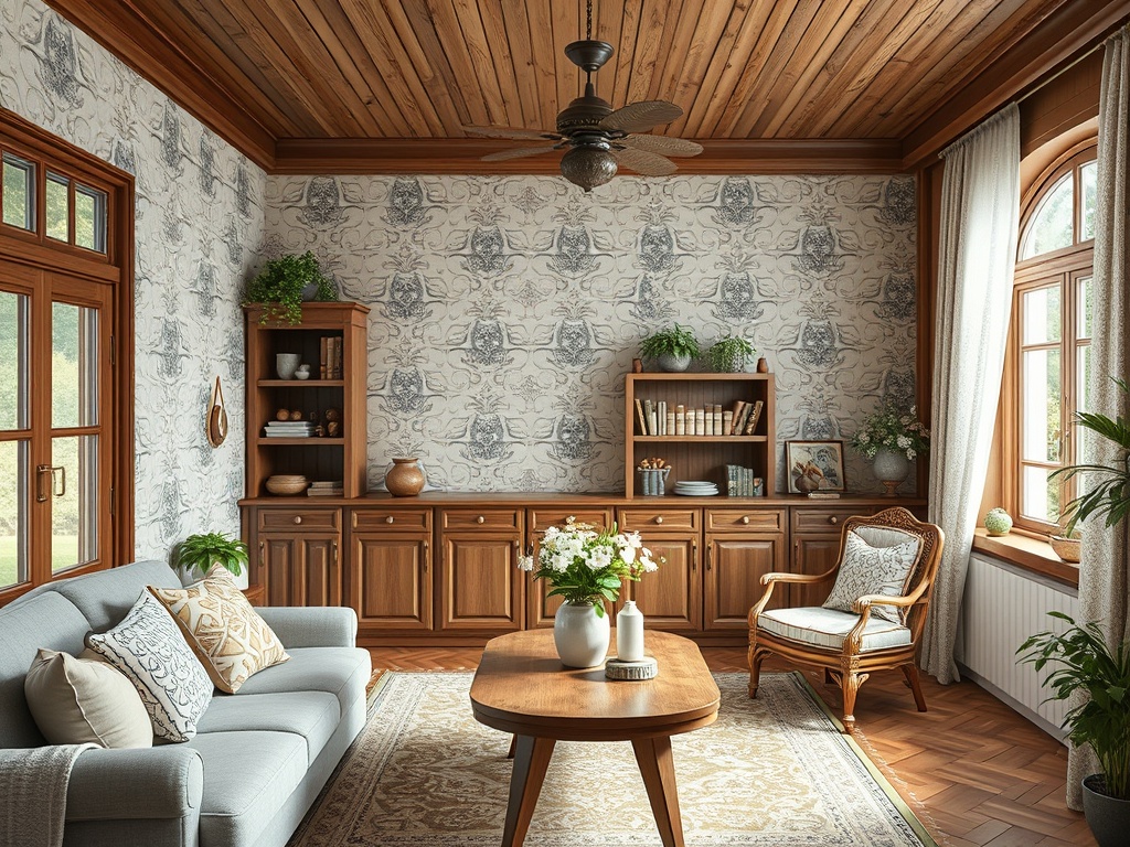 Современный интерьер комнаты с деревянным потолком, уютной мебелью и зелеными растениями.