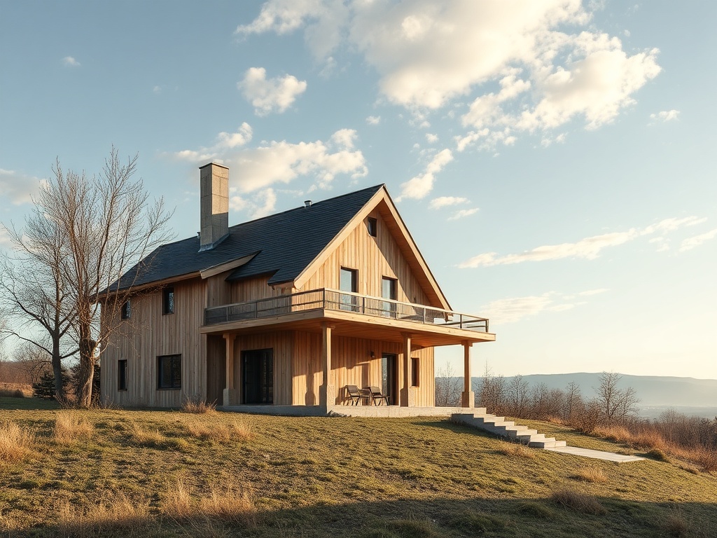 Деревянный дом с балконом и террасой на фоне ясного неба и холмов, окружённый зеленью и невысокими деревьями.