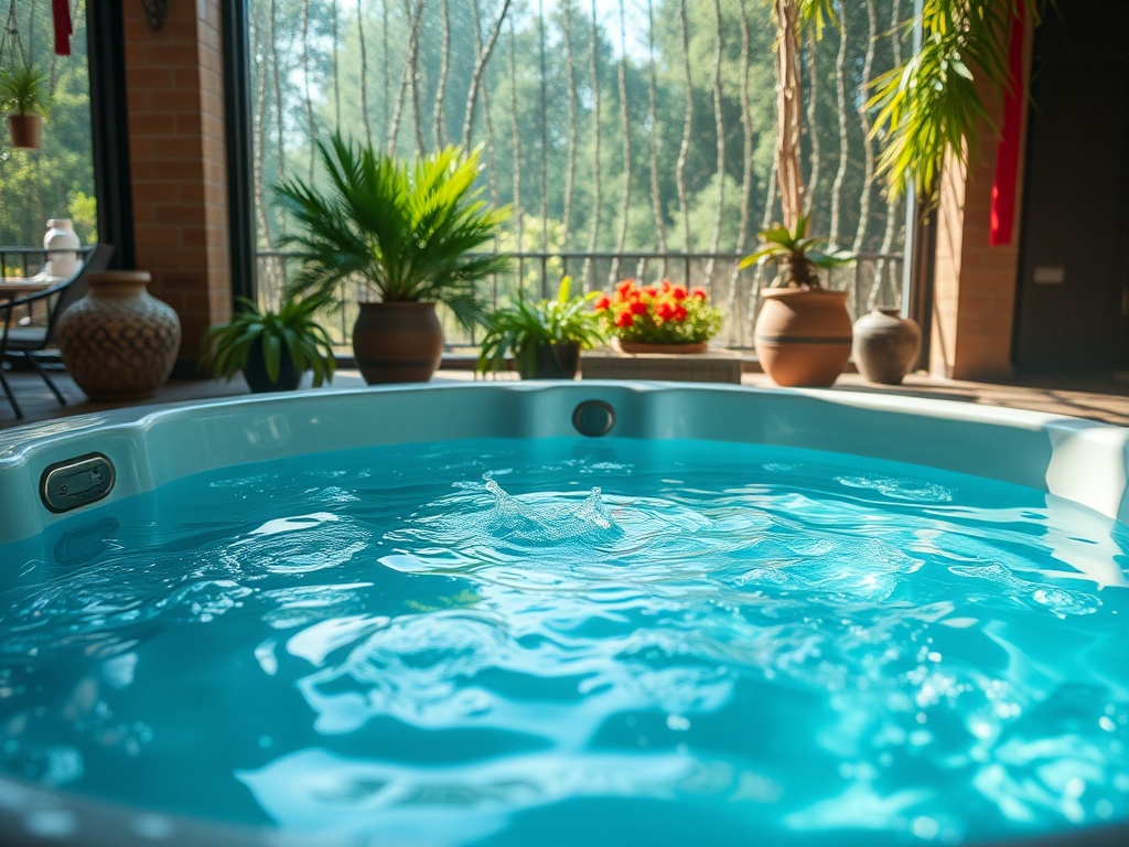 Джакузи с пузырьками воды на фоне зелёных растений и ярких цветов в солнечном помещении.