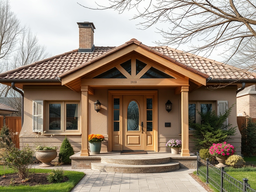 Красивая одноэтажная дом с деревянным покрытием, цветами и ухоженным садом, на фоне ясного неба.