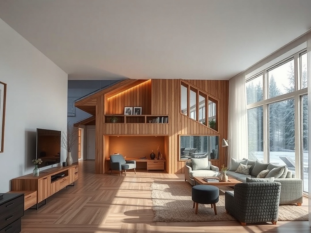Современный интерьер гостиной с большим окном, деревянными элементами и уютной мебелью.