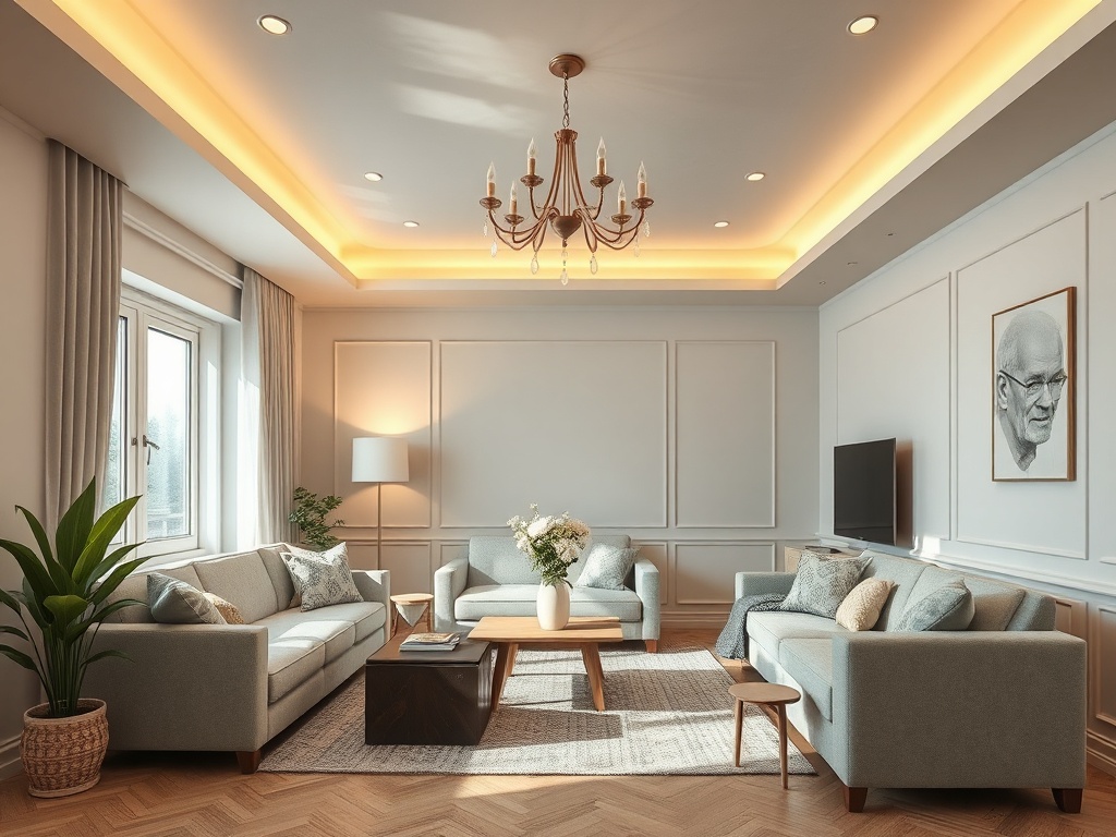 Современный светлый гостиный уголок с мягкой мебелью, растениями и картинами на стенах. Теплый уютный свет.