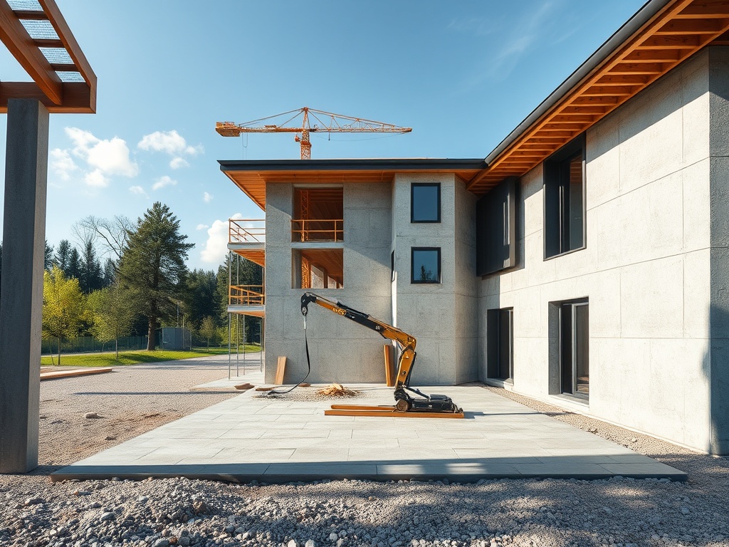 Стройка современного здания с краном, строительным оборудованием и лесами на фоне ясного неба.