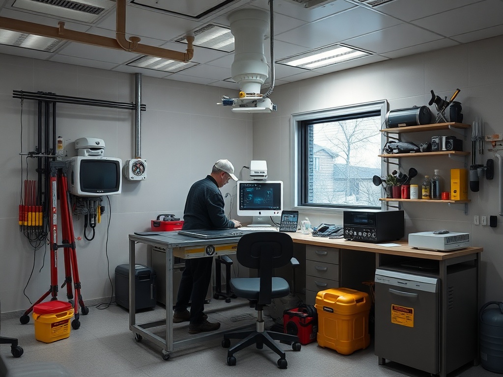 В кабинете работает человек за столом с компьютерным оборудованием и различными инструментами.