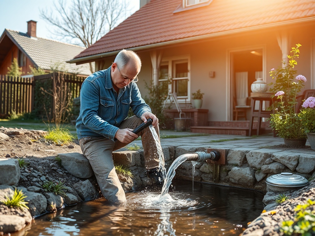 Мужчина в джинсовой куртке очищает водоем у дома, вода льется из насоса, рядом цветы и садовая мебель.