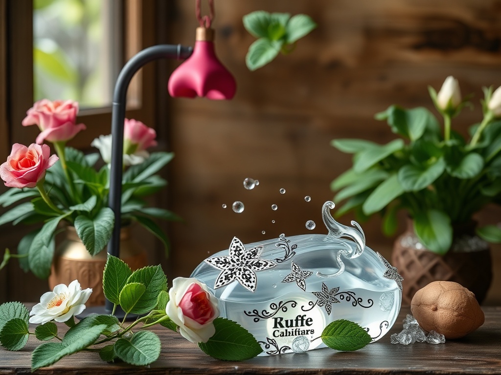 Прозрачная упаковка с узорами, окруженная цветами и зеленью, на деревянном фоне с естественным освещением.