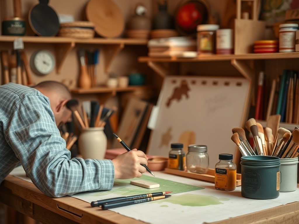 На картине изображен художник, работающий за столом в мастерской с красками и художественными принадлежностями.