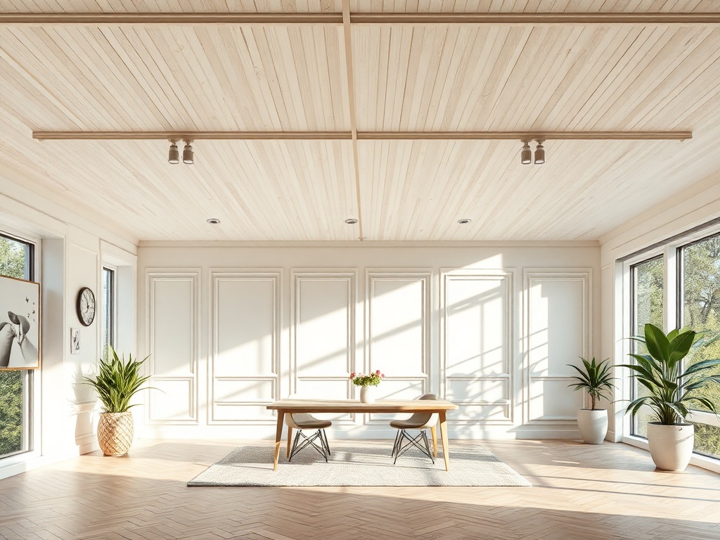 Светлая комната с деревянным потолком, столом и зелеными растениями у окон, залитых солнечным светом.