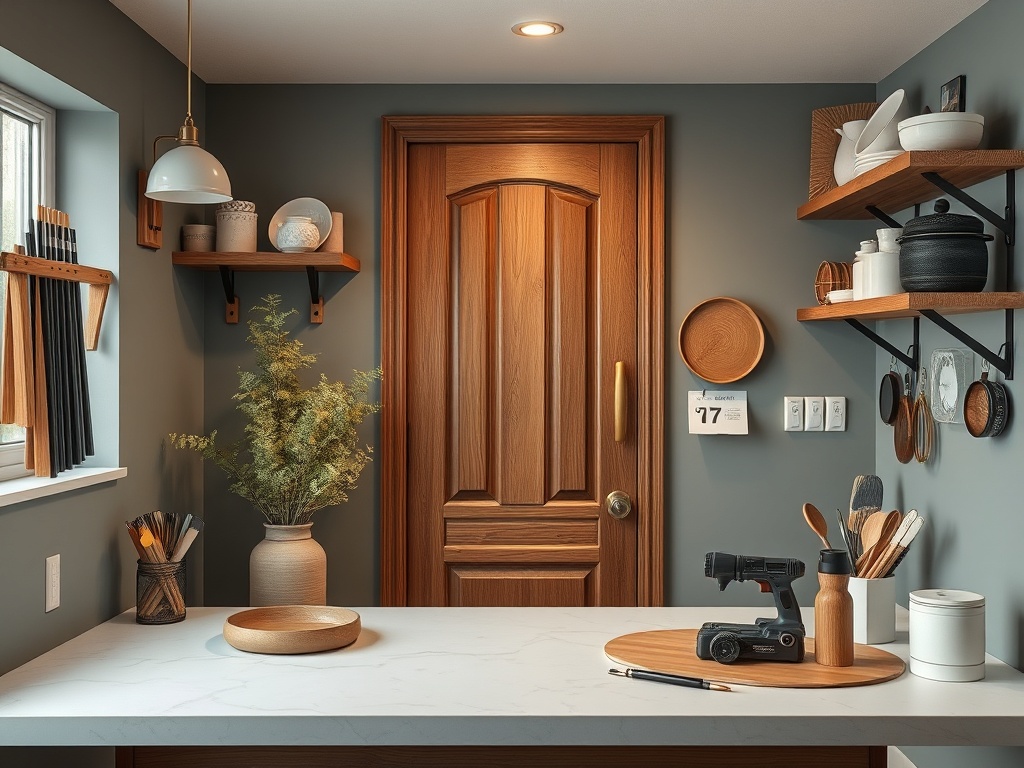 Современная кухня с деревянной дверью, полками и декоративными элементами на столе. Яркий и стильный интерьер.