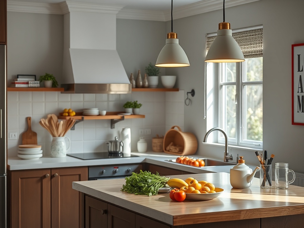 Современная кухня с деревянными шкафами, светлыми стенами и фруктами на столе. Естественное освещение.