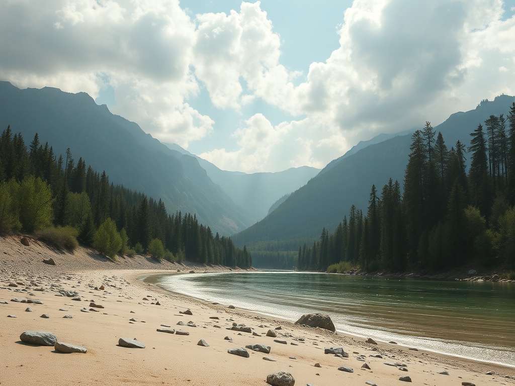 Спокойное озеро, окруженное горами и лесами, с облаками на небе и песчаным берегом.