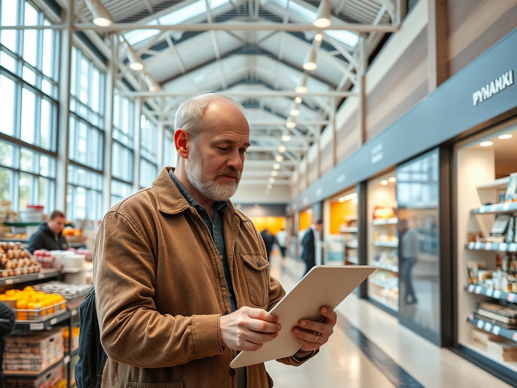 Пожилой мужчина в магазине внимательно смотрит на планшет, вокруг витрины с продуктами.