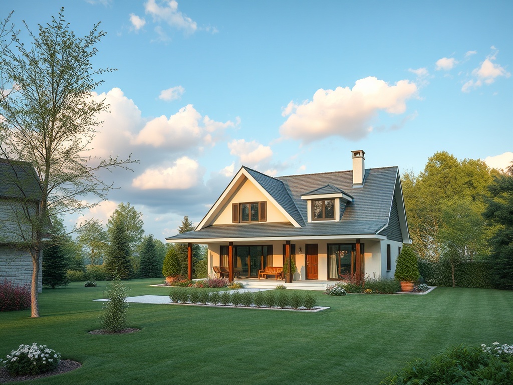 Современный загородный дом с ухоженным садом и зелёной травой на фоне голубого неба и облаков.