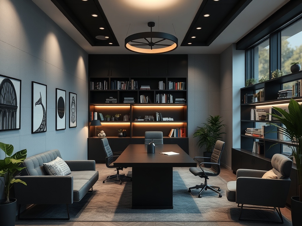 Современный офис с большим столом, уютными креслами и книжными полками на стенах. Мягкий свет и зелень.