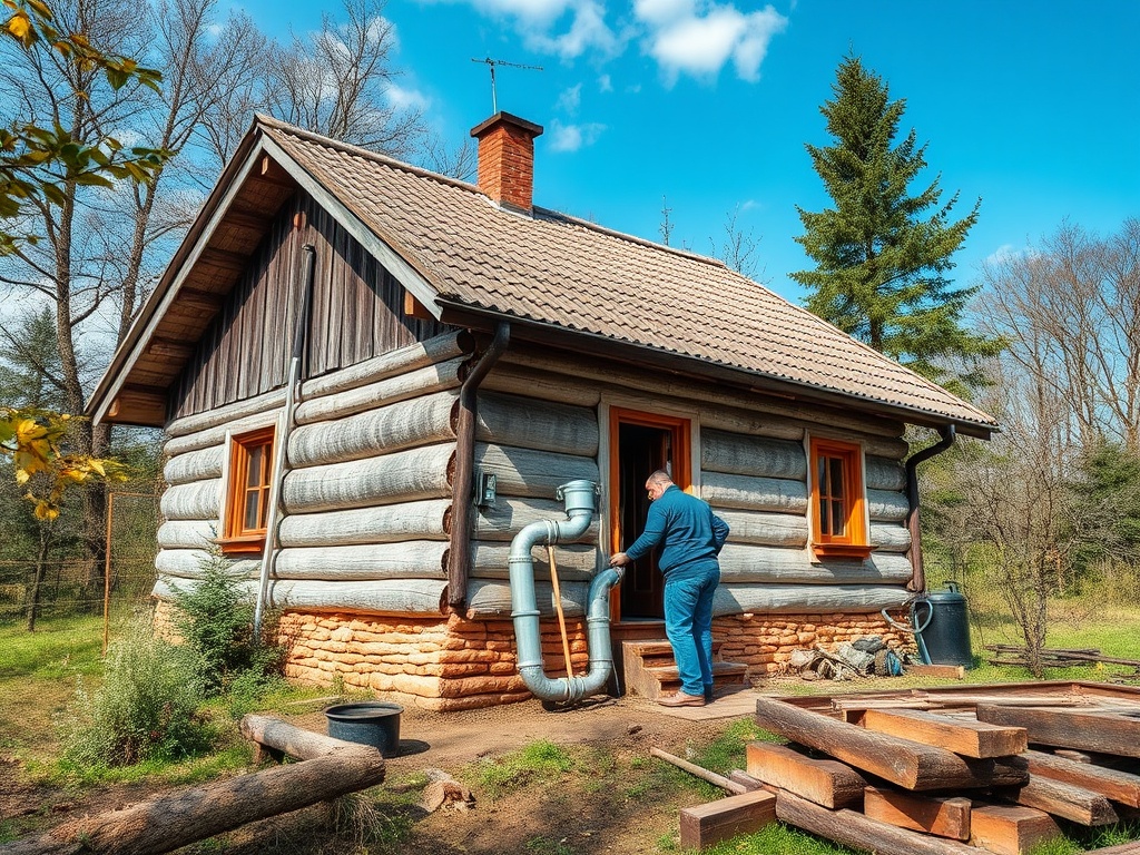 На изображении деревянный дом с человек, выходящим из него, на фоне зелёной природы и голубого неба.