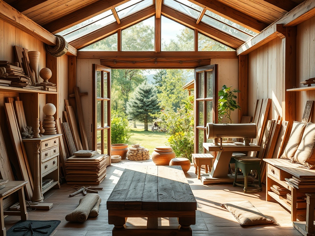 Уютная мастерская с деревянными материалами и большими окнами, открывающими вид на природу.
