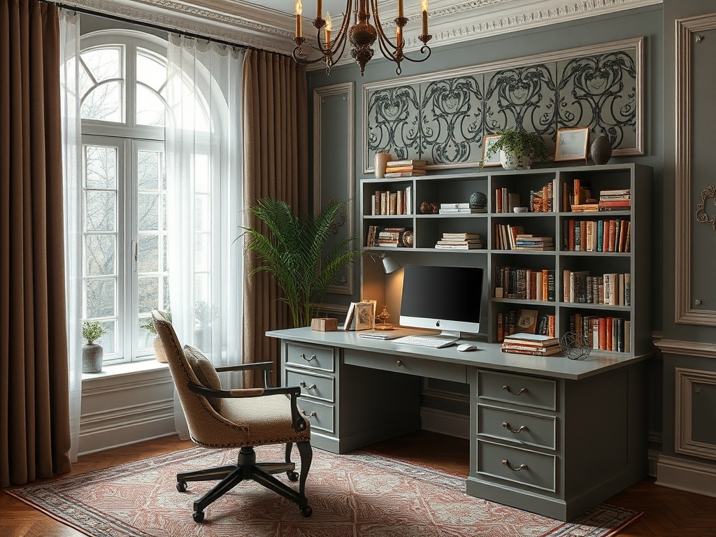 Современный кабинет с письменным столом, книгами, компьютером и зелёным растением у окна.