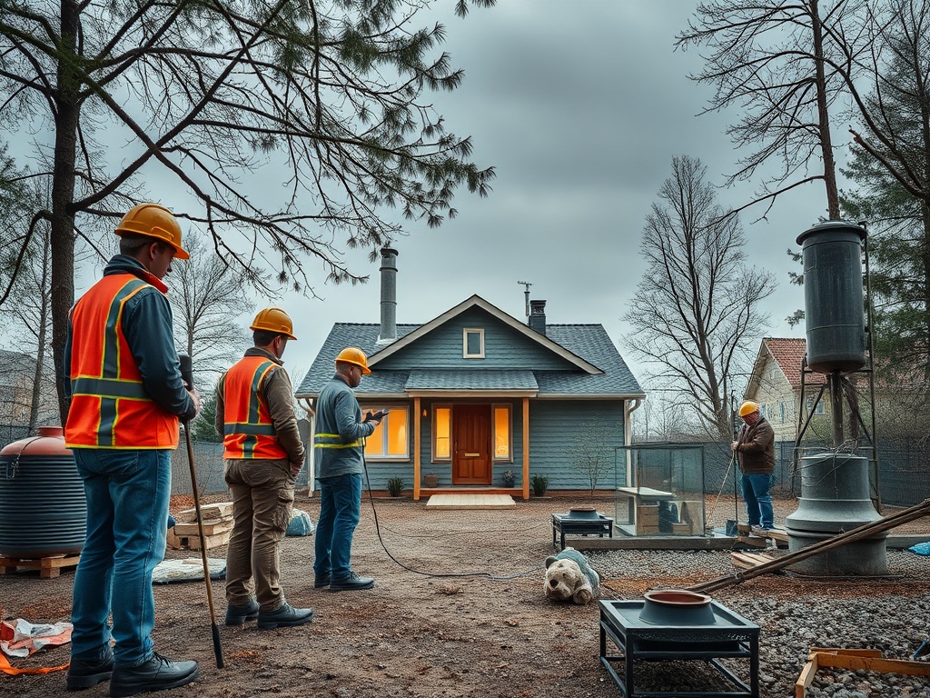 На строительной площадке работают пять человек, возле нового дома, с инструментами и оборудованием.