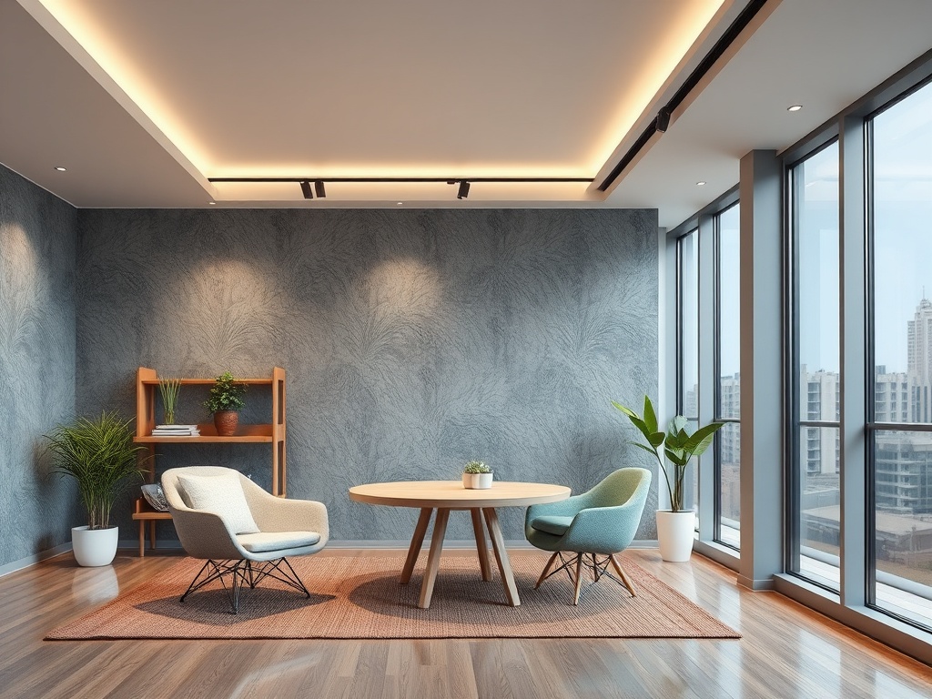 Современный офис с круглыми столом, креслами и большими окнами, освещаемый мягким светом.