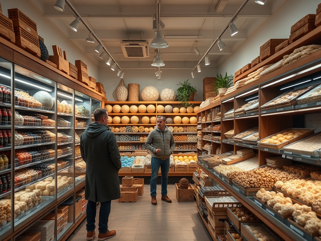 Мужчины стоят в магазине, окруженные полками с различными продуктами и закусками. Атмосфера уютная и насыщенная.