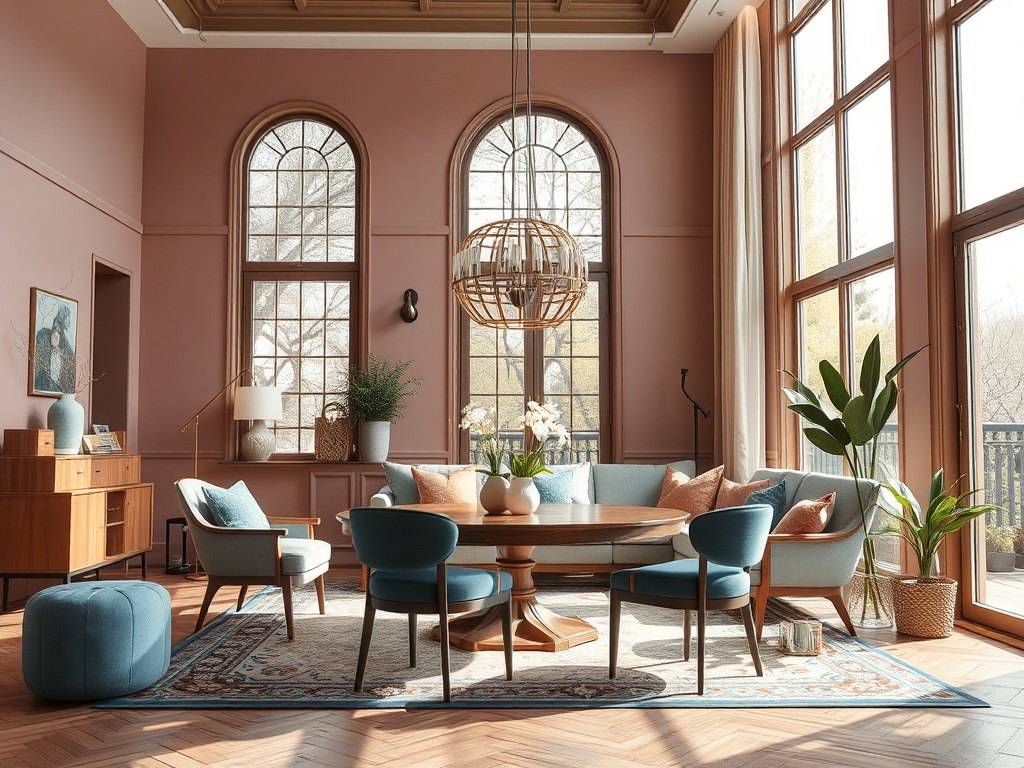 Современный интерьер с мягкой мебелью, светлыми стенами и большими окнами, наполненный естественным светом.