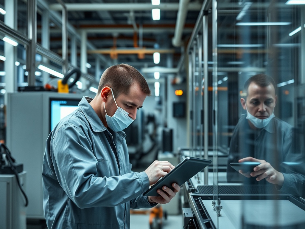 Работник в маске использует планшет в современном производственном помещении с оборудованием.